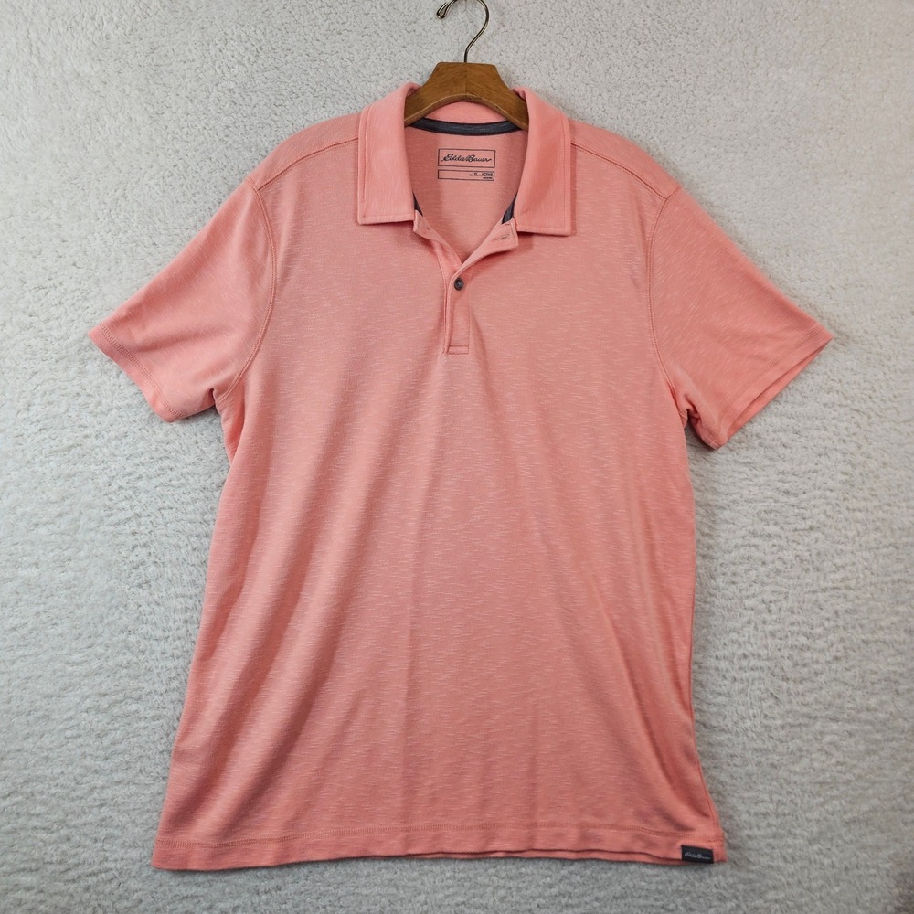 Eddie Bauer Mens XL Active Polo Shirt Coral Pink Short Sleeve Modal Blend Slub